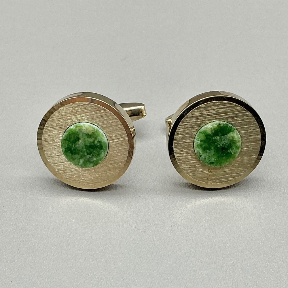 Foster Cufflinks Women Gold Green Jade Round Textured Brushed Metal Vintage